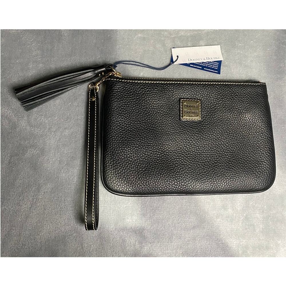 Dooney & Bourke Carrington Wristlet Black Pebble Leather Gold Med Classic NWT